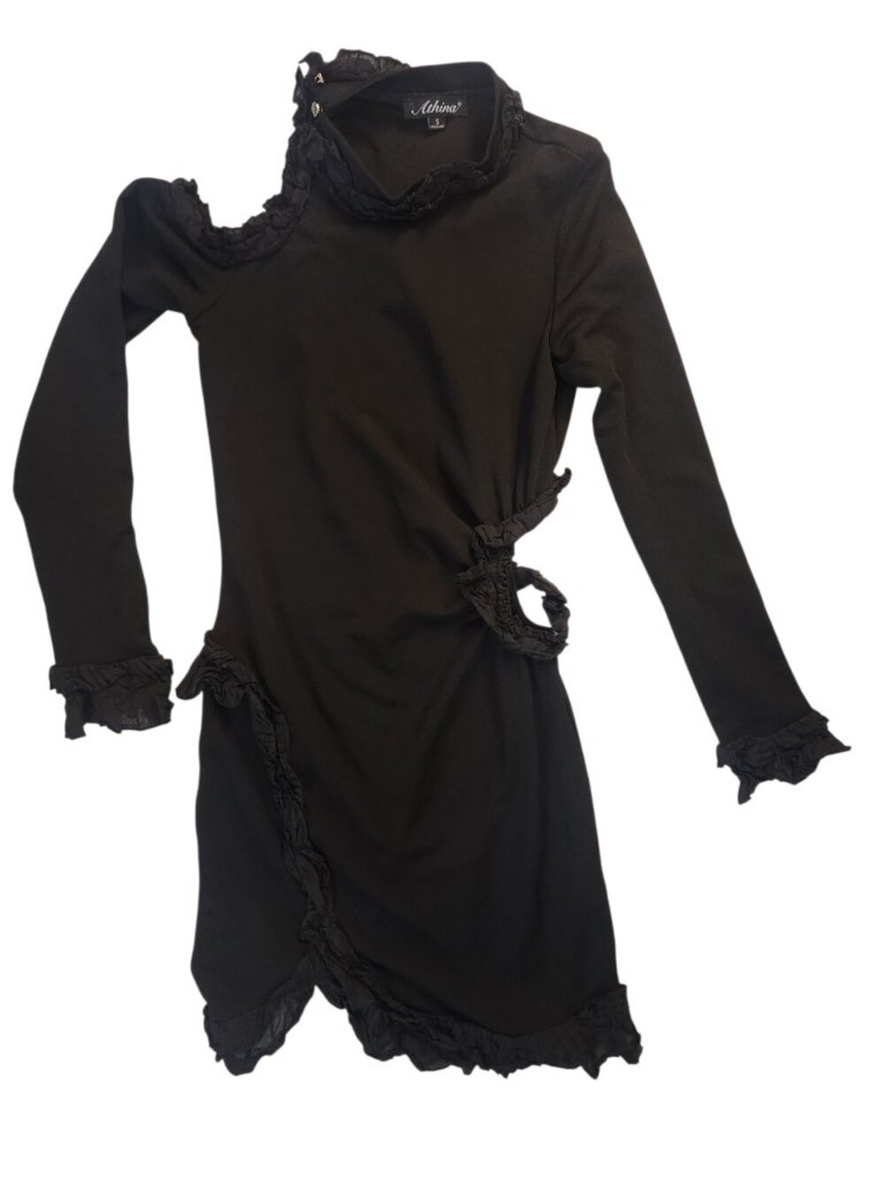 Athina Black Mini Dress Size S Long Sleeve Cut Out Side Asymmetrical Ruffle